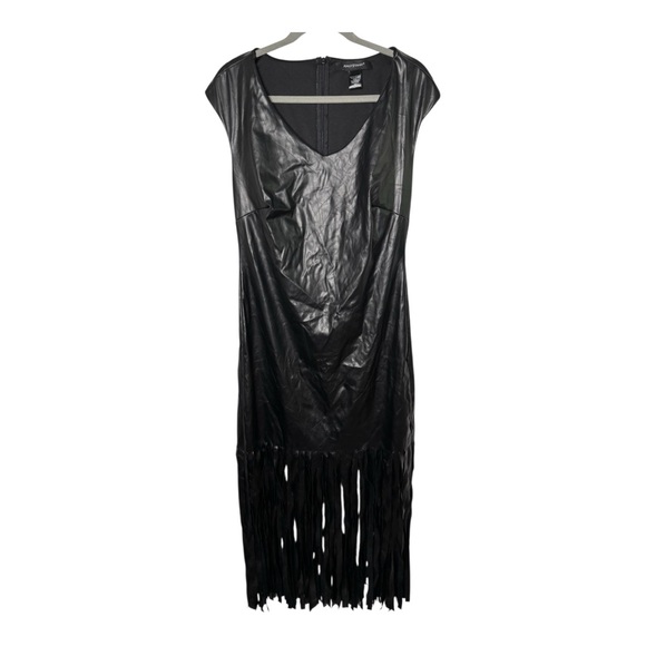 Ashley Stewart Dresses & Skirts - Ashley Stewart Black Faux Leather Fringe Maxi Dress V Neck Size 12